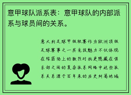 意甲球队派系表：意甲球队的内部派系与球员间的关系。